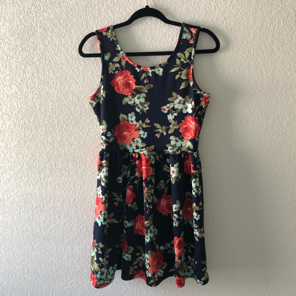 Navy A-line with red flowers